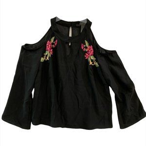 Thalia Sodi Women's Key Hole Sleeveless Top Black Embroidered Flowers Medium NEW